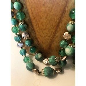 Vintage 18" Varied Green Sized Round Beads with Gold Disc Double Strand Necklace